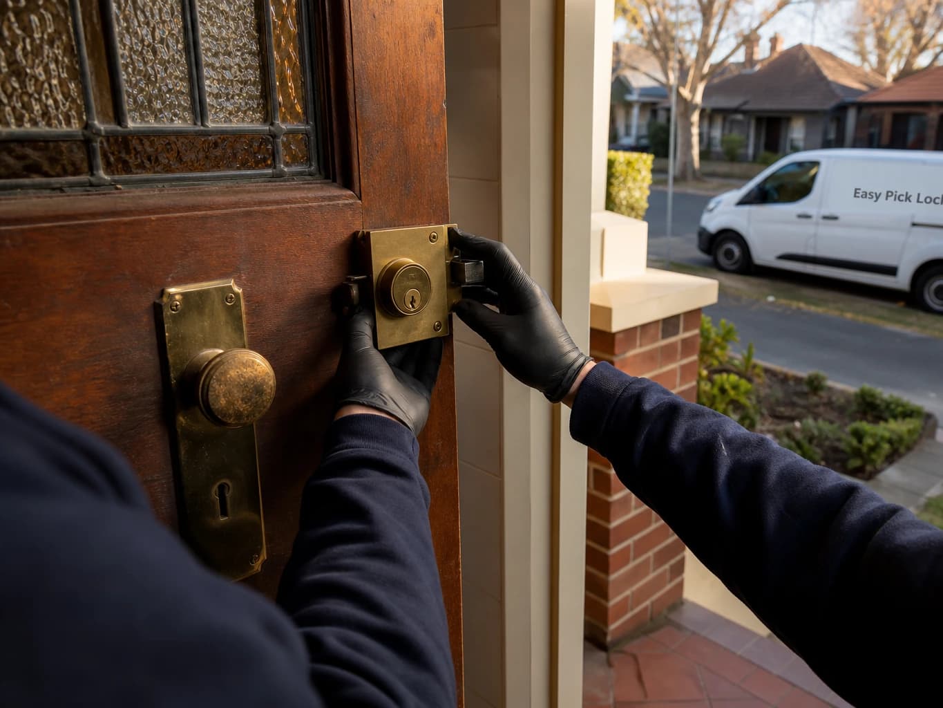 A locksmith working on a front door in Malvern East VIC 3145, the Easy Pick Locksmiths van at the kerb