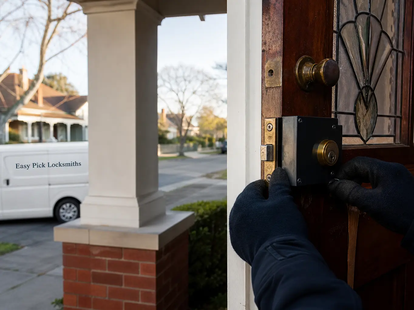 A locksmith working on a front door in Malvern VIC 3144, the Easy Pick Locksmiths van at the kerb