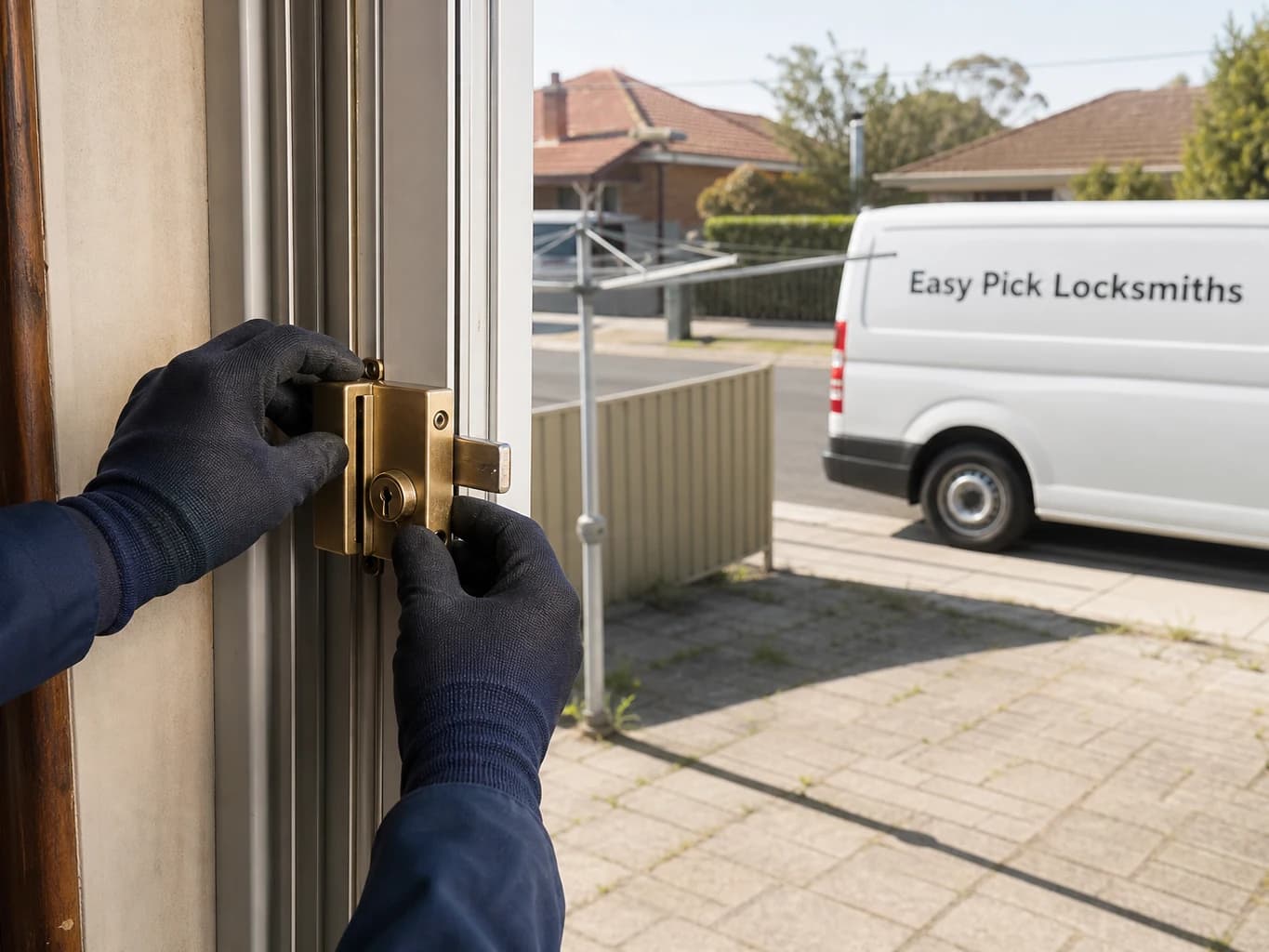 A locksmith working on a front door in Maribyrnong VIC 3032, the Easy Pick Locksmiths van at the kerb