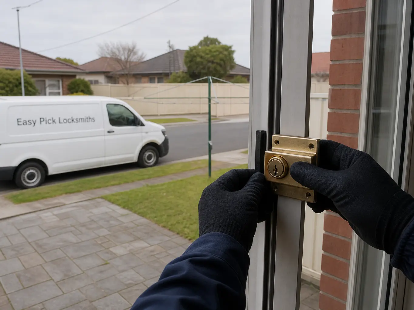A locksmith working on a front door in McKinnon VIC 3204, the Easy Pick Locksmiths van at the kerb