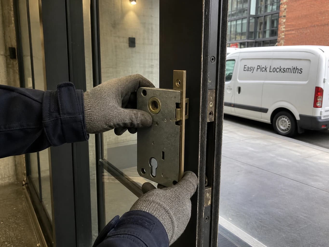A locksmith working on a front door in Melbourne VIC 3000, the Easy Pick Locksmiths van at the kerb