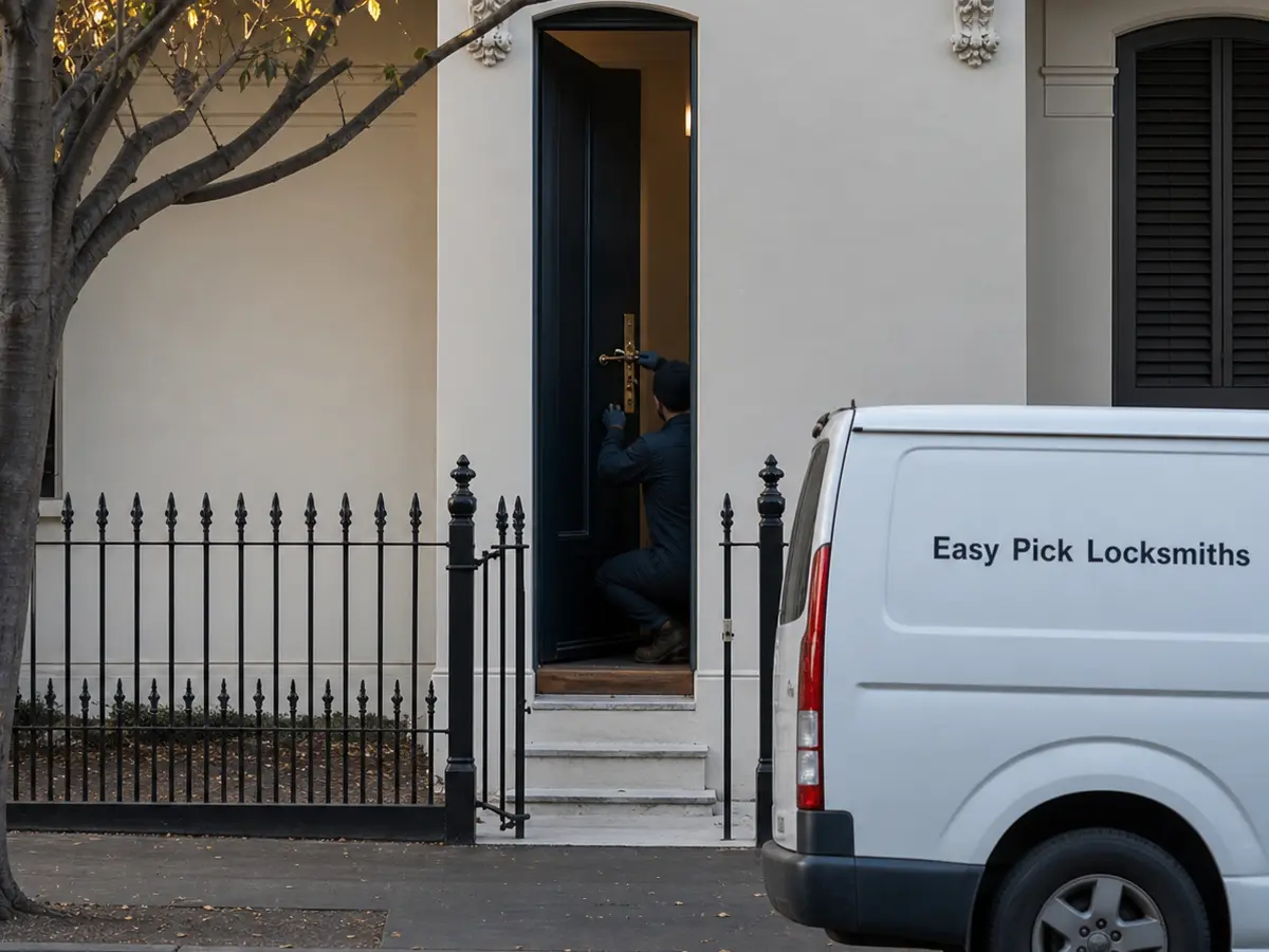 A locksmith working on a front door in Middle Park VIC 3206, the Easy Pick Locksmiths van at the kerb