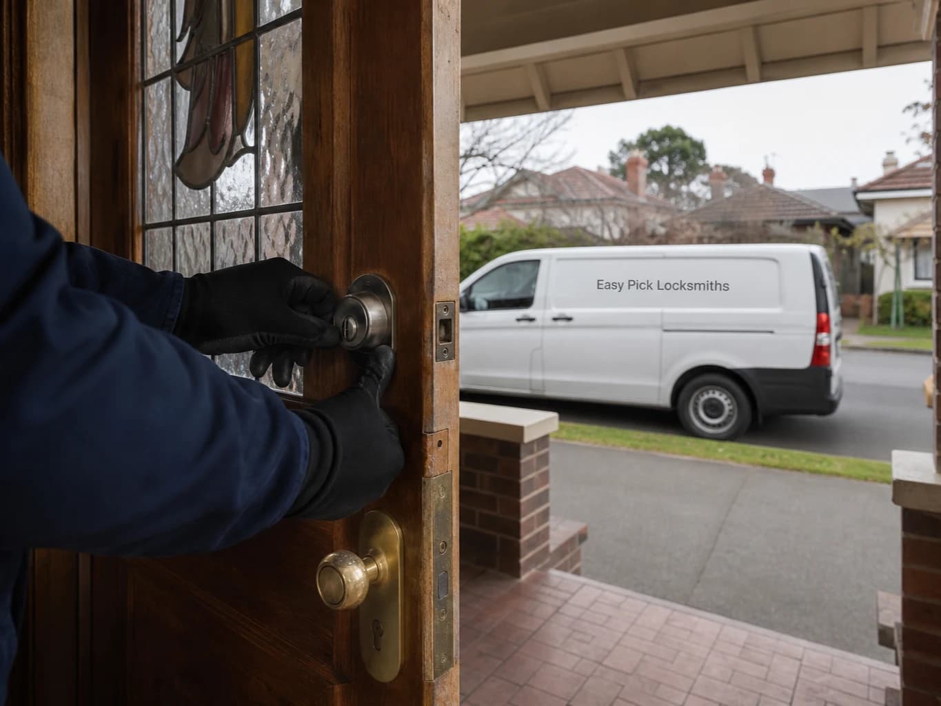 A locksmith working on a front door in Mont Albert VIC 3127, the Easy Pick Locksmiths van at the kerb