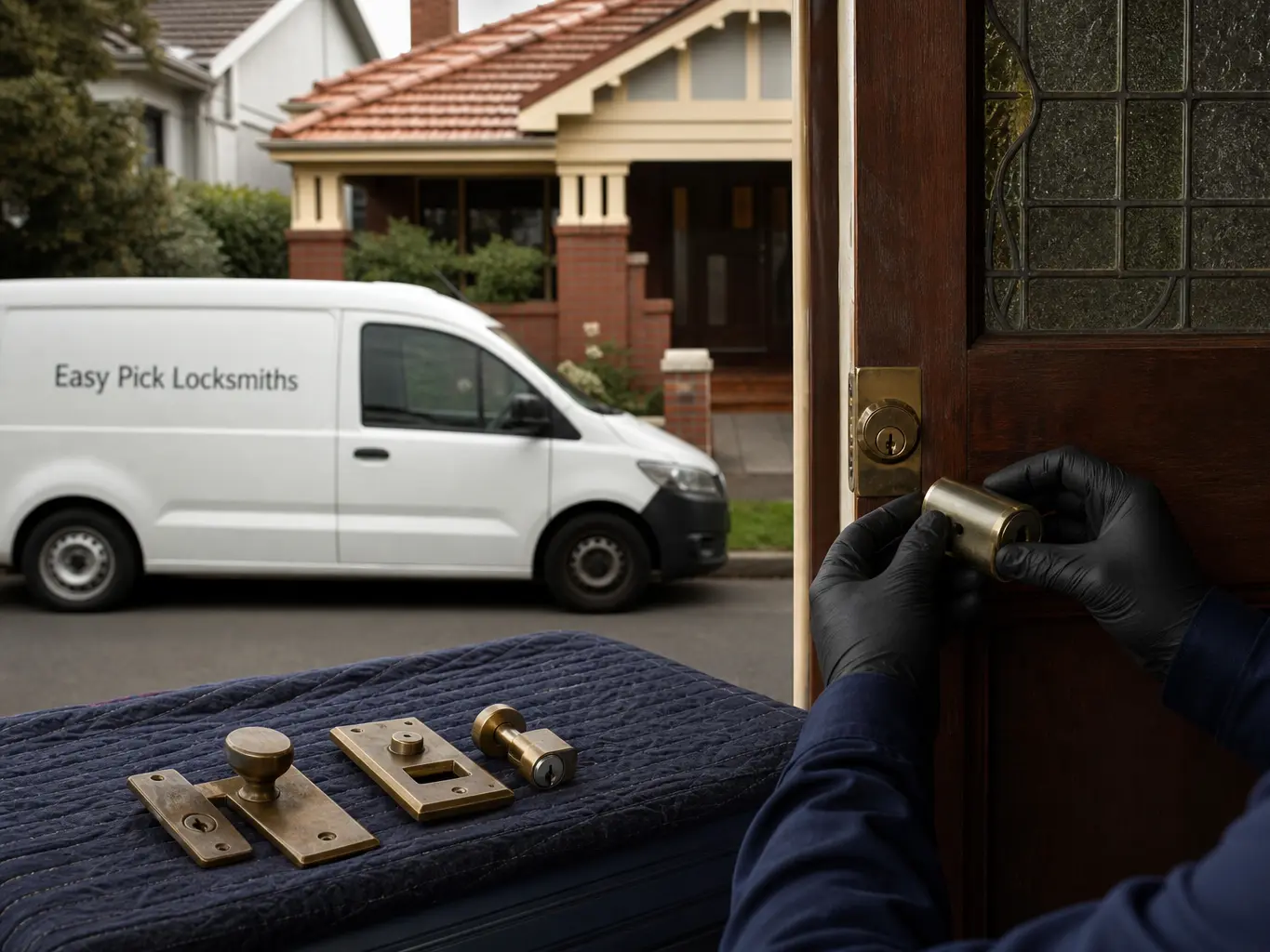 A locksmith working on a front door in Moonee Ponds VIC 3039, the Easy Pick Locksmiths van at the kerb