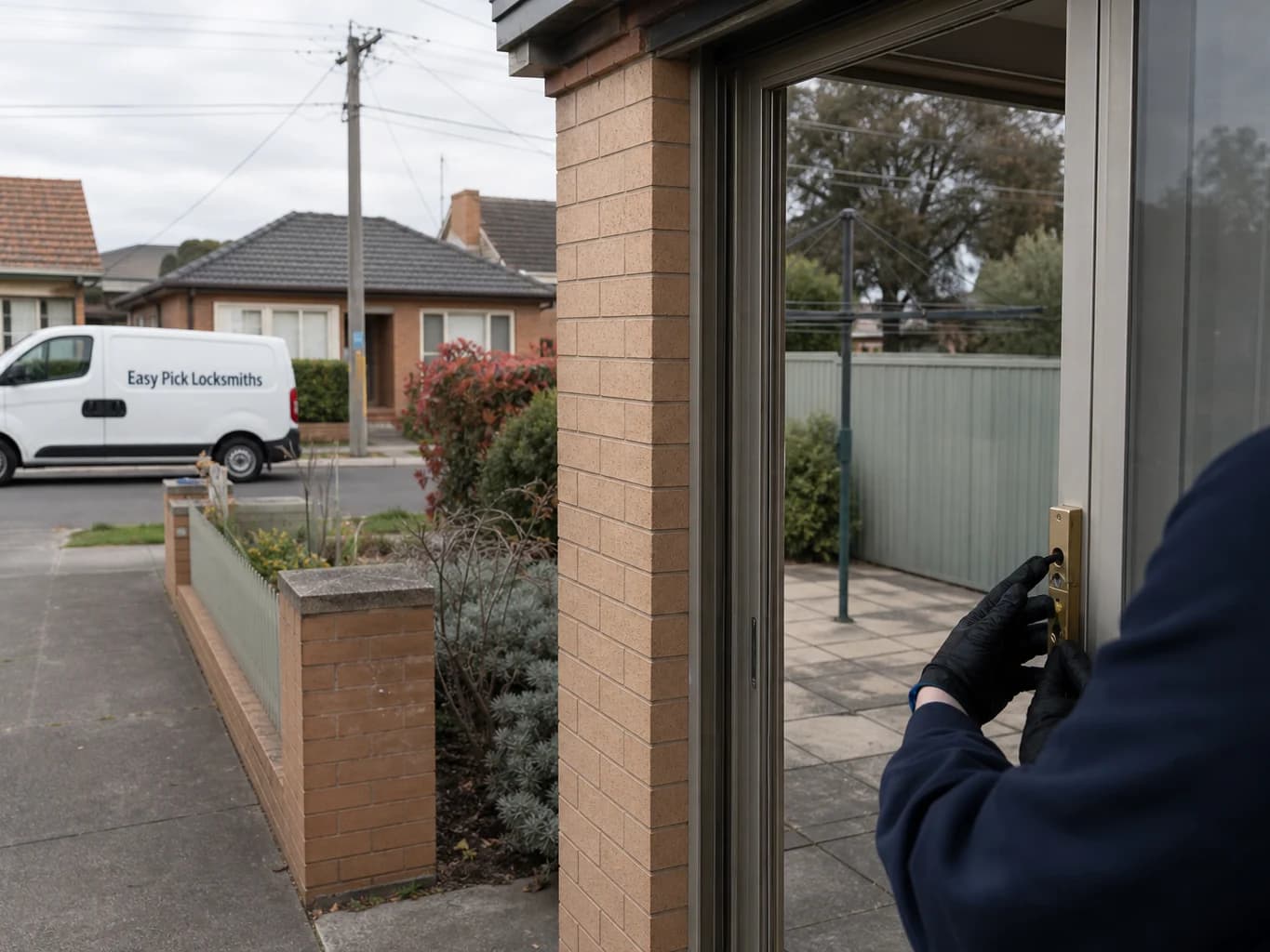 A locksmith working on a front door in Murrumbeena VIC 3163, the Easy Pick Locksmiths van at the kerb