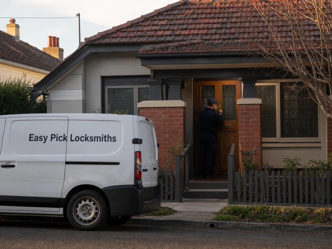 A locksmith working on a front door in Newport VIC 3015, the Easy Pick Locksmiths van at the kerb