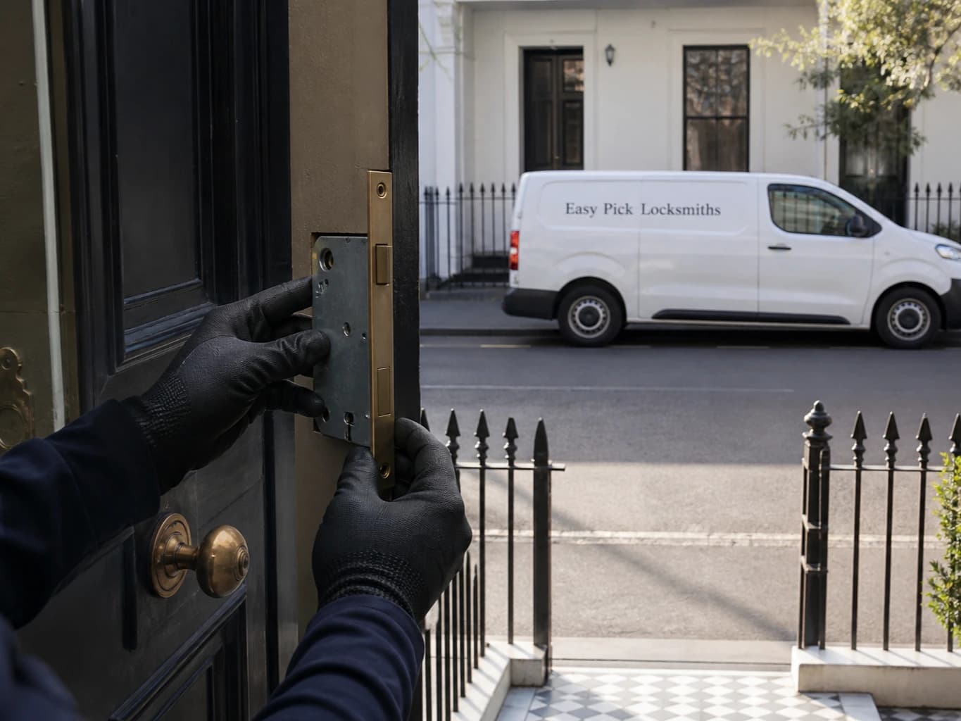 A locksmith working on a front door in North Melbourne VIC 3051, the Easy Pick Locksmiths van at the kerb