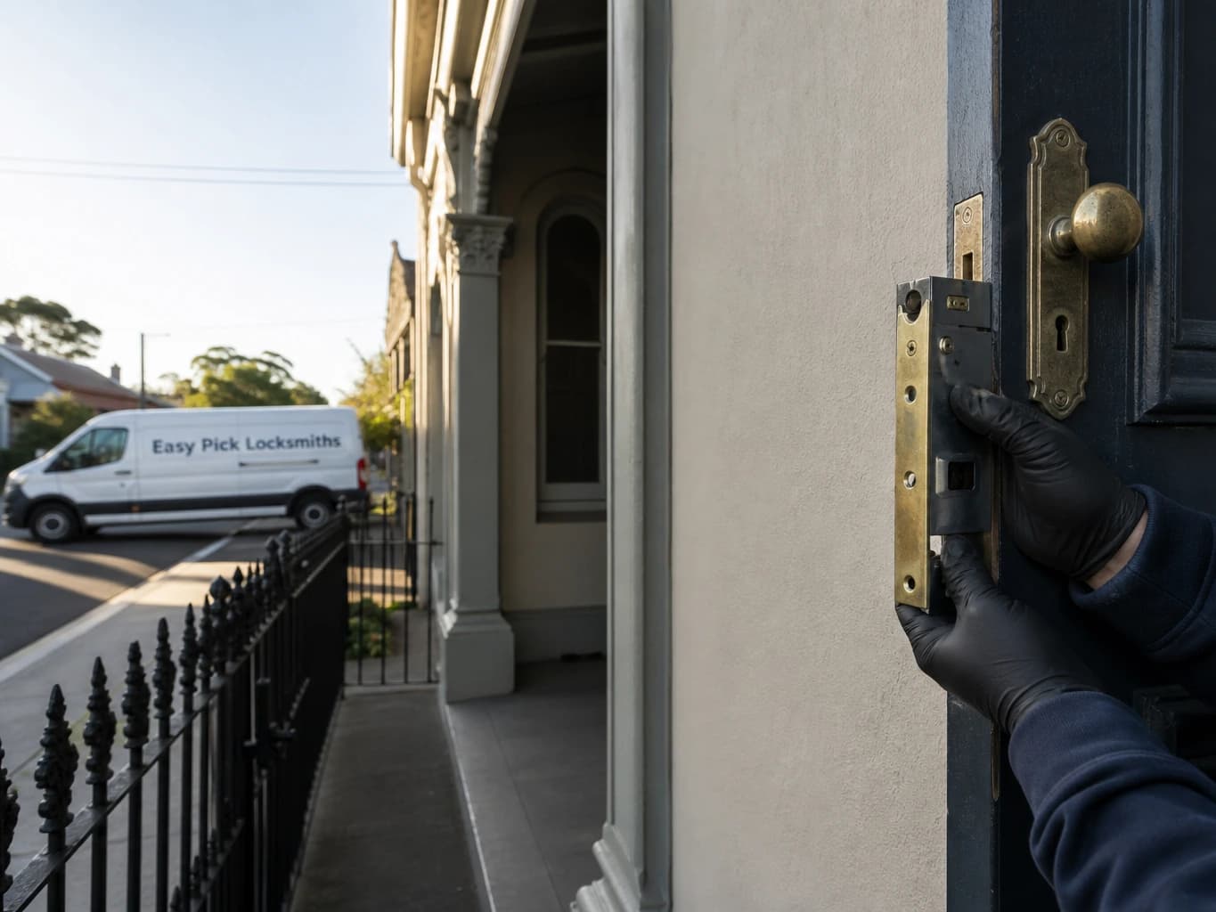 A locksmith working on a front door in Northcote VIC 3070, the Easy Pick Locksmiths van at the kerb