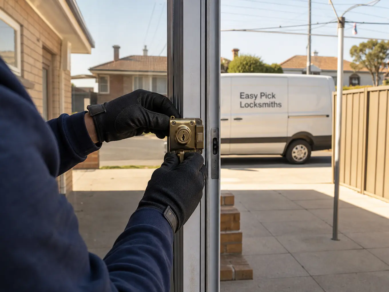 A locksmith working on a front door in Oakleigh VIC 3166, the Easy Pick Locksmiths van at the kerb