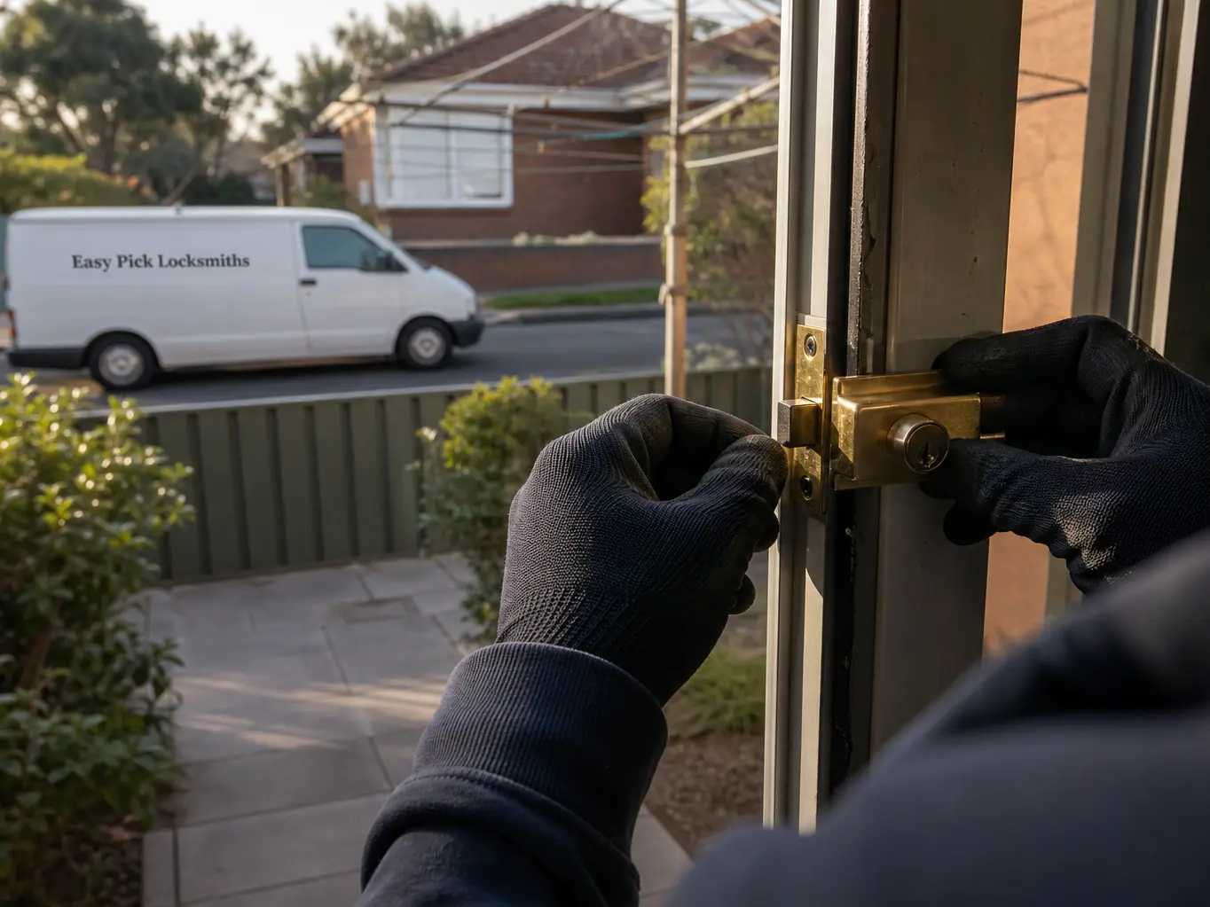 A locksmith working on a front door in Ormond VIC 3204, the Easy Pick Locksmiths van at the kerb