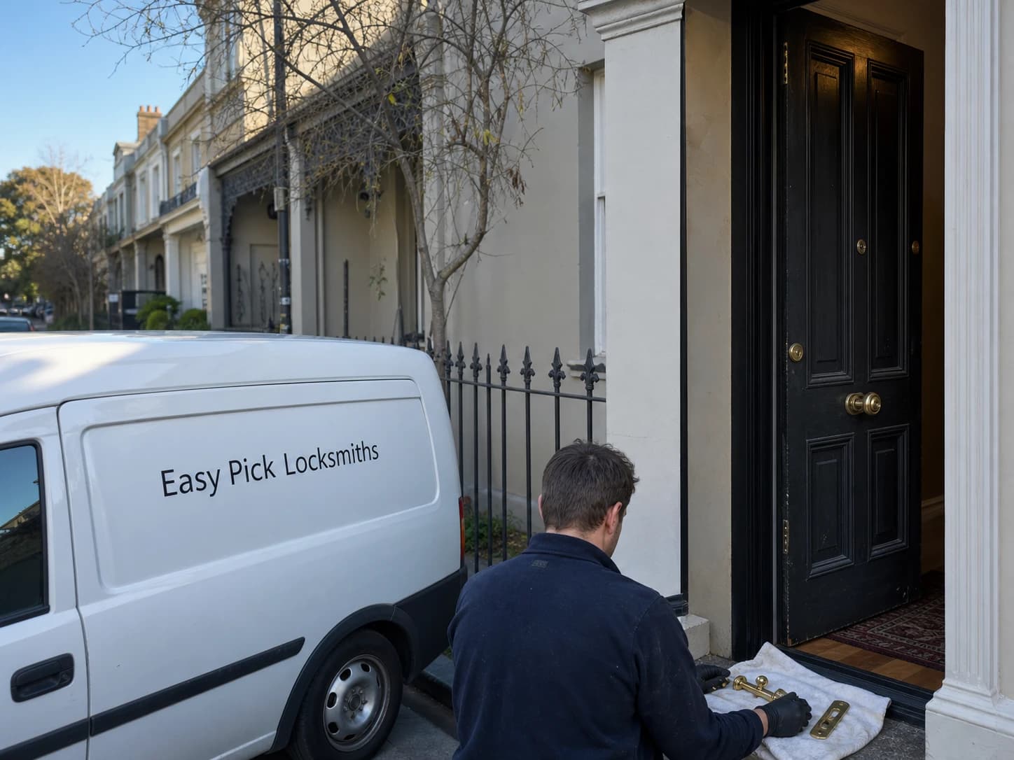 A locksmith working on a front door in Parkville VIC 3052, the Easy Pick Locksmiths van at the kerb