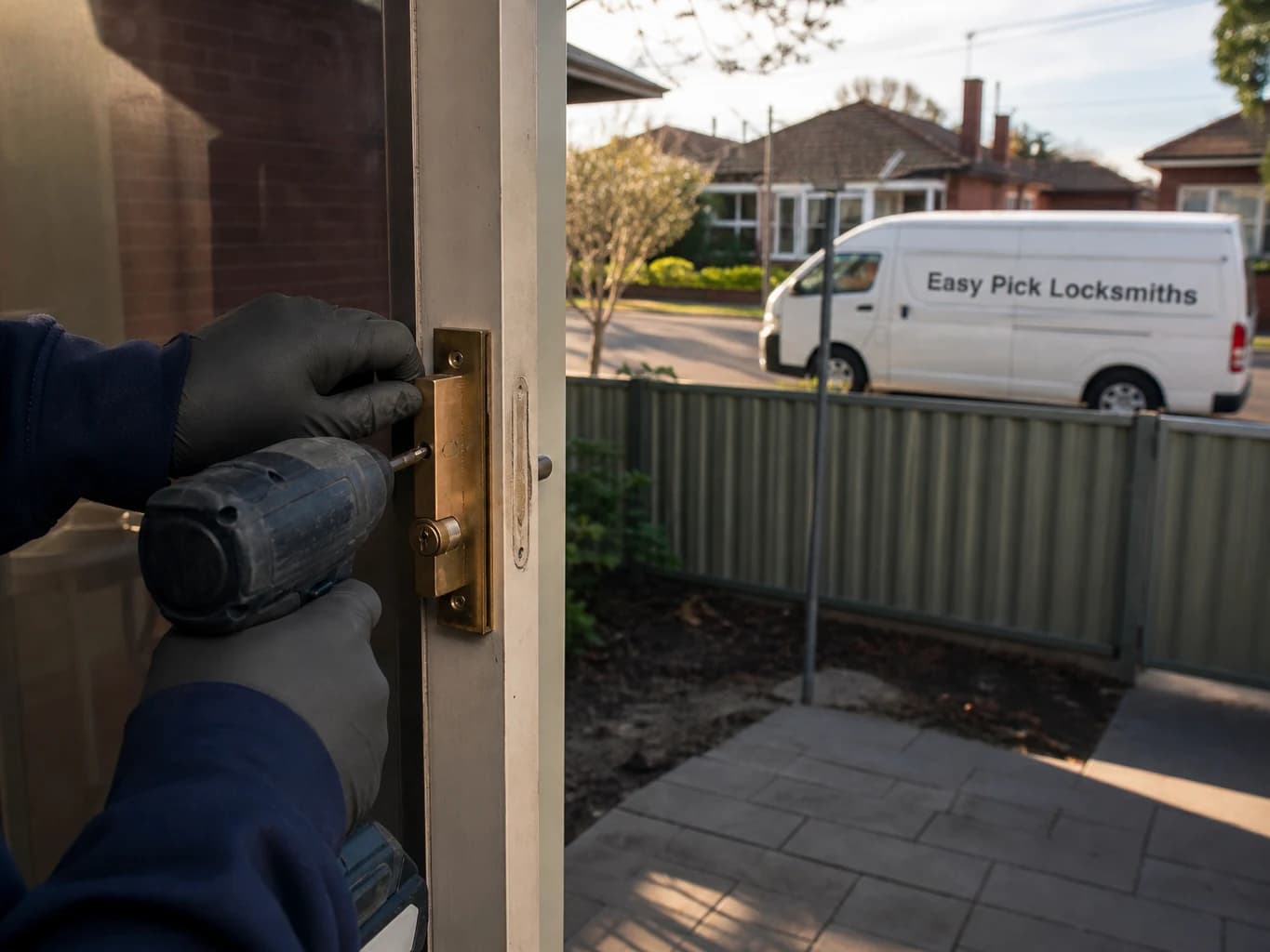 A locksmith working on a front door in Pascoe Vale VIC 3044, the Easy Pick Locksmiths van at the kerb