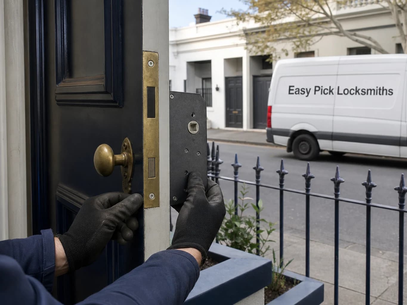 A locksmith working on a front door in Port Melbourne VIC 3207, the Easy Pick Locksmiths van at the kerb