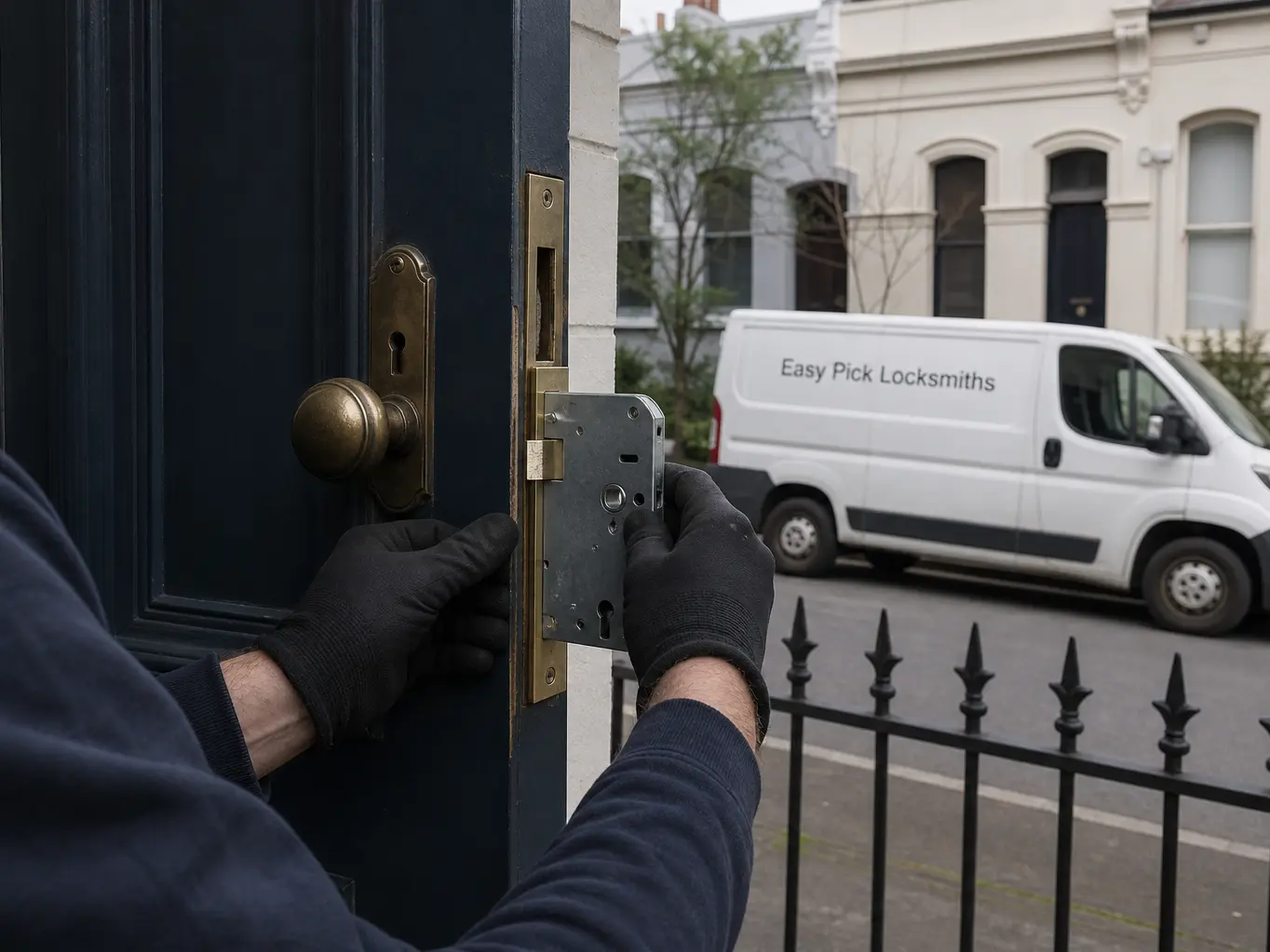 A locksmith working on a front door in Prahran VIC 3181, the Easy Pick Locksmiths van at the kerb
