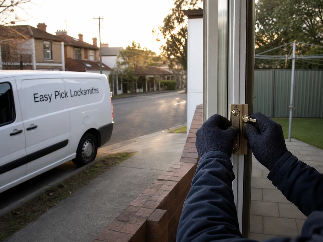 A locksmith working on a front door in Preston VIC 3072, the Easy Pick Locksmiths van at the kerb
