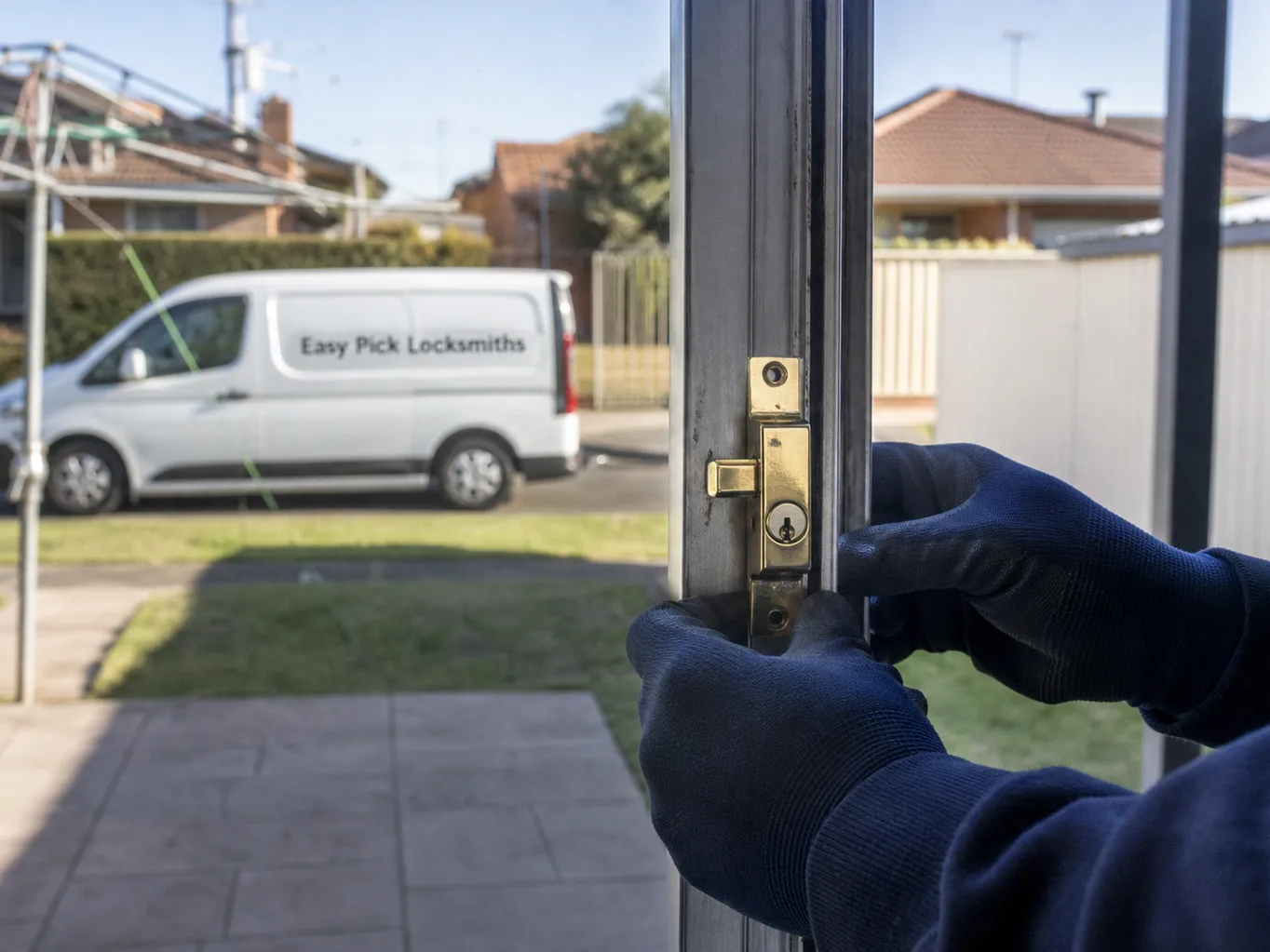 A locksmith working on a front door in Reservoir VIC 3073, the Easy Pick Locksmiths van at the kerb
