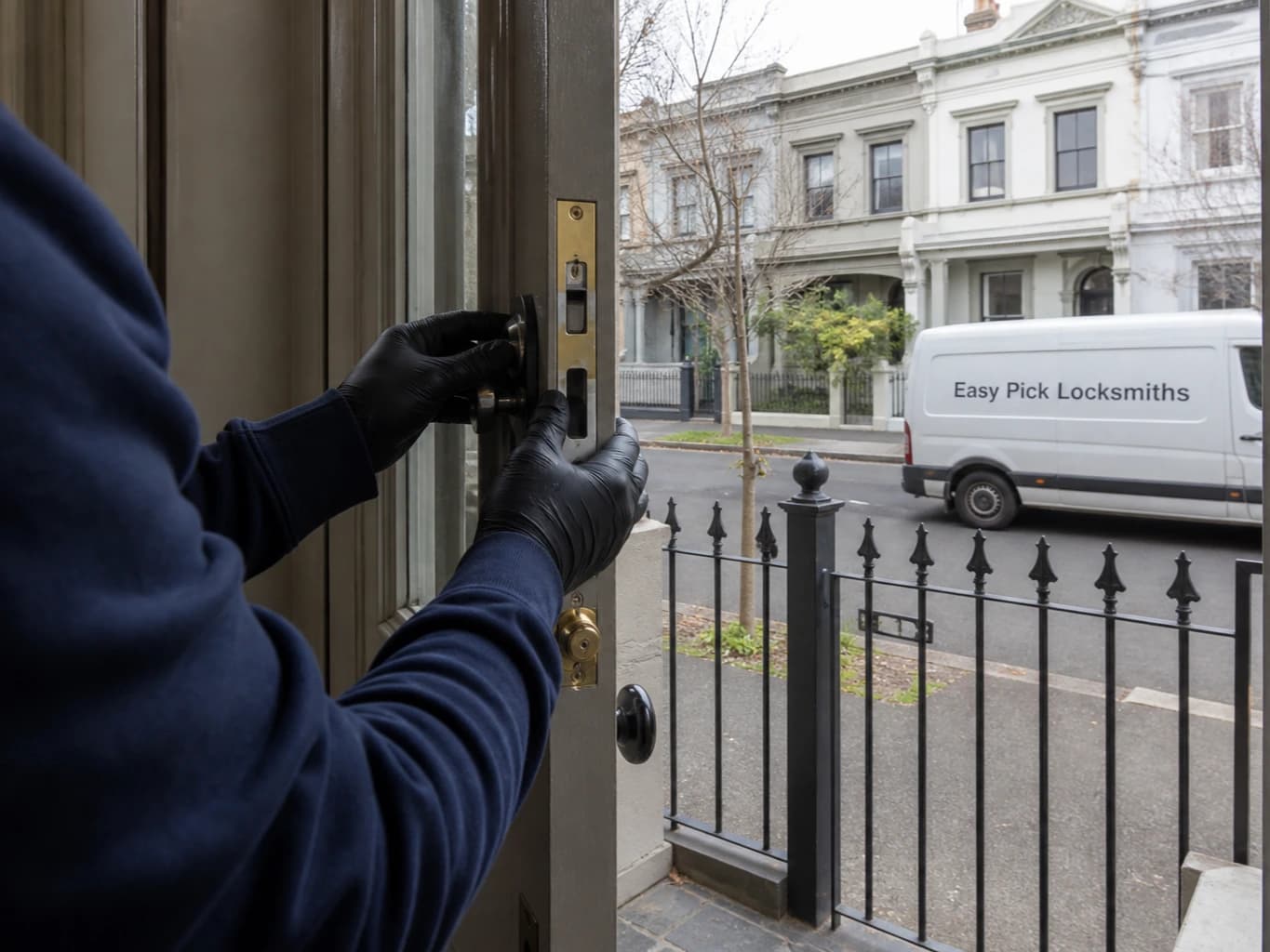 A locksmith working on a front door in Richmond VIC 3121, the Easy Pick Locksmiths van at the kerb