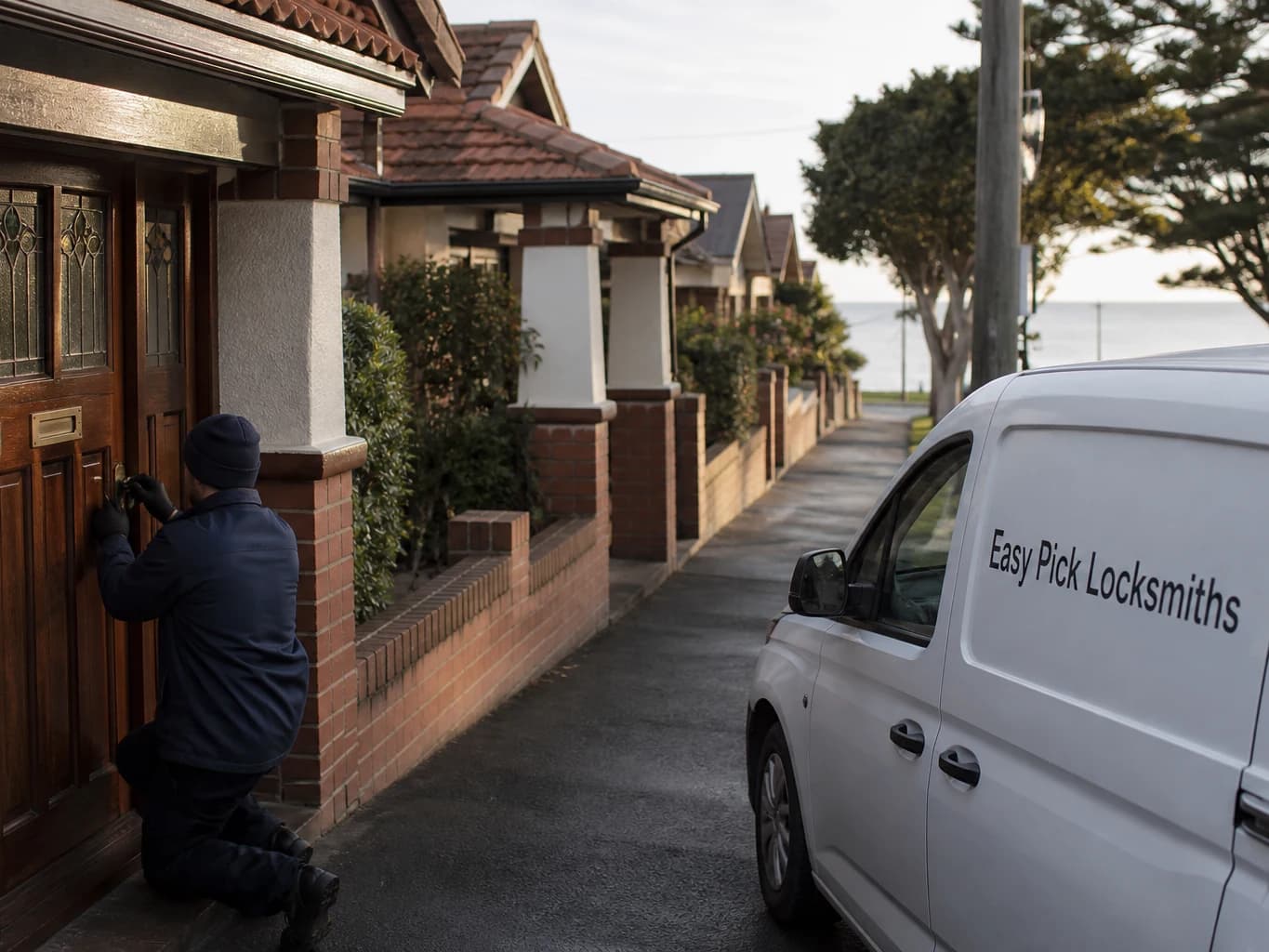 A locksmith working on a front door in Sandringham VIC 3191, the Easy Pick Locksmiths van at the kerb