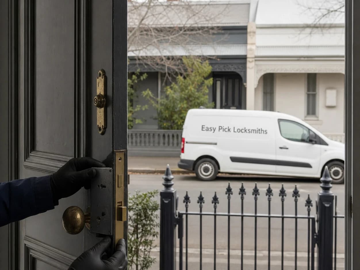 A locksmith working on a front door in Seddon VIC 3011, the Easy Pick Locksmiths van at the kerb