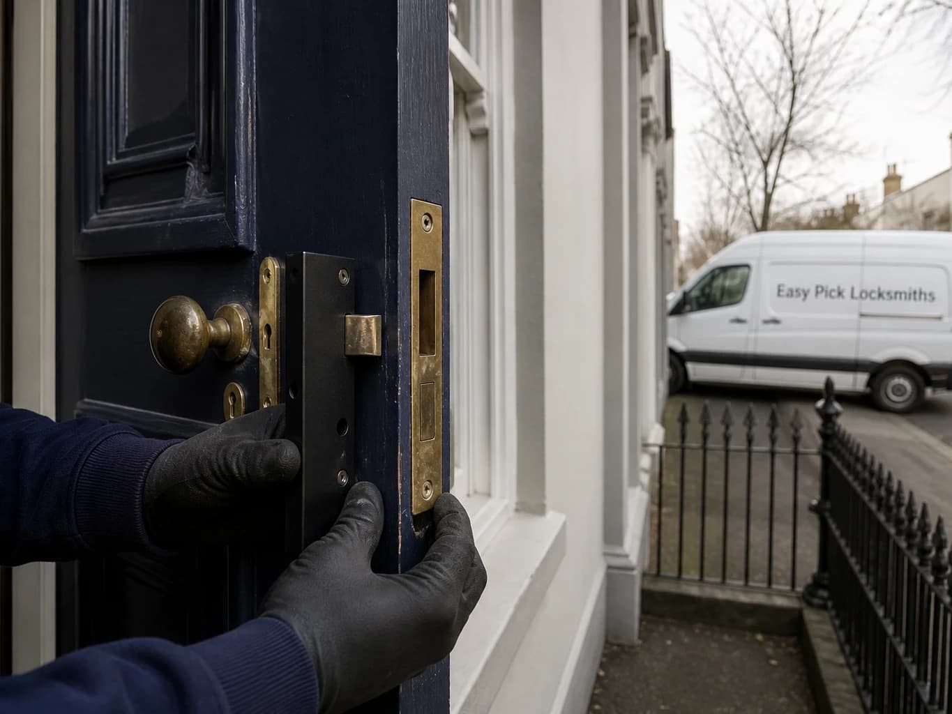 A locksmith working on a front door in South Melbourne VIC 3205, the Easy Pick Locksmiths van at the kerb