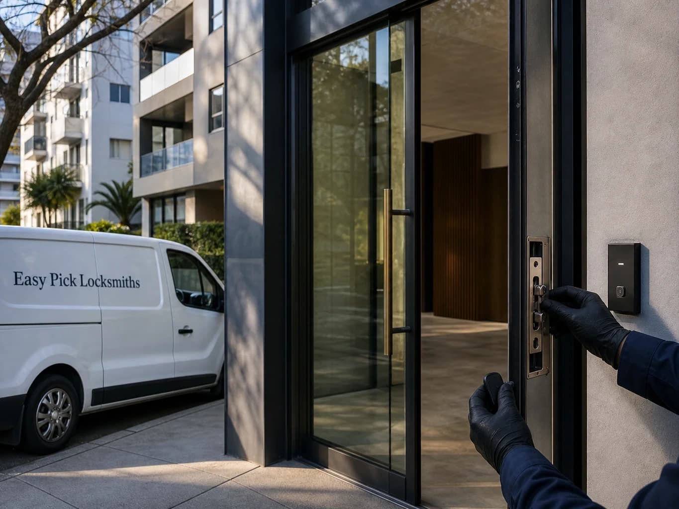 A locksmith working on a front door in South Yarra VIC 3141, the Easy Pick Locksmiths van at the kerb
