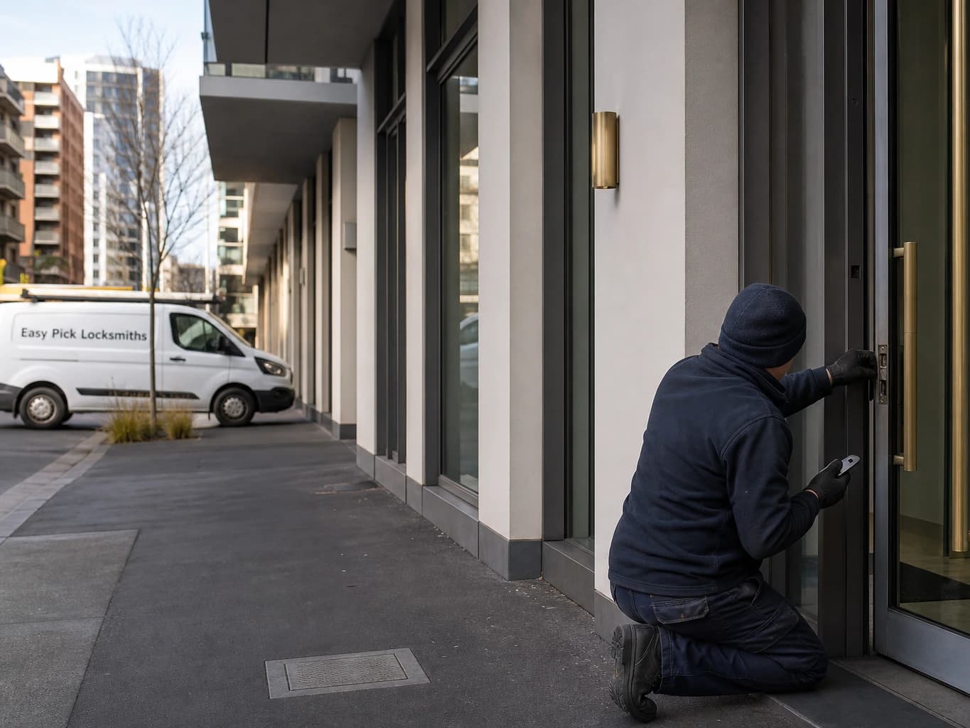 A locksmith working on a front door in Southbank VIC 3006, the Easy Pick Locksmiths van at the kerb