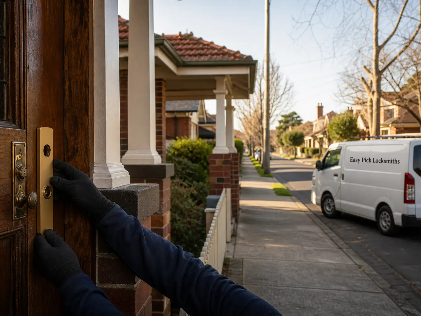 A locksmith working on a front door in Spotswood VIC 3015, the Easy Pick Locksmiths van at the kerb