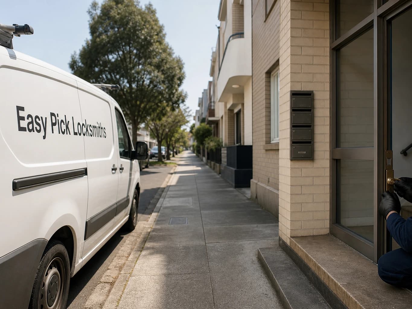 A locksmith working on a front door in St Kilda East VIC 3183, the Easy Pick Locksmiths van at the kerb