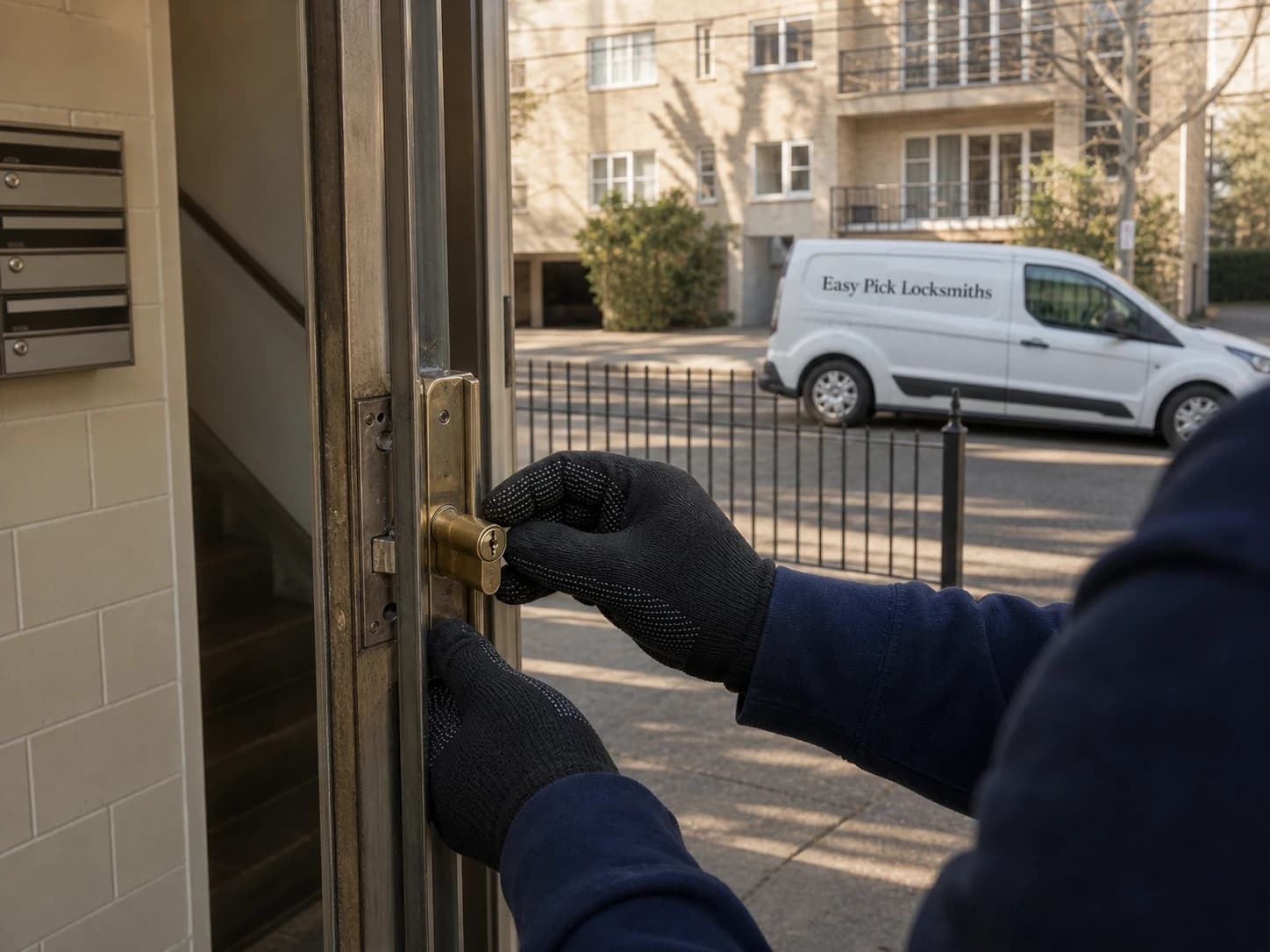 A locksmith working on a front door in St Kilda VIC 3182, the Easy Pick Locksmiths van at the kerb