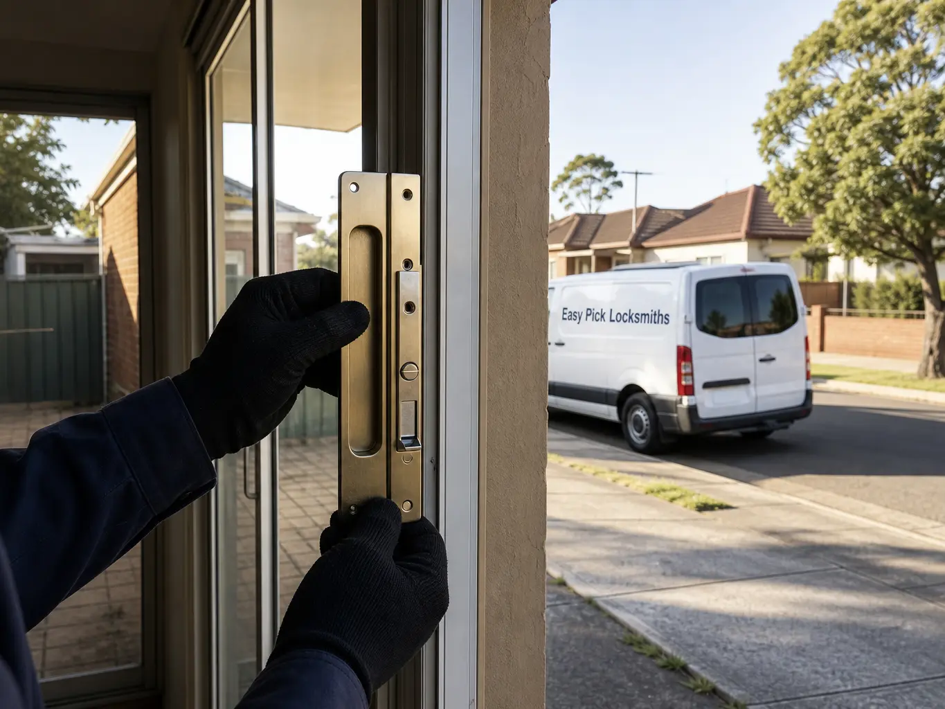 A locksmith working on a front door in Sunshine VIC 3020, the Easy Pick Locksmiths van at the kerb