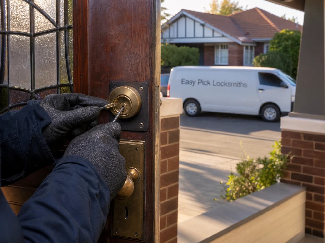A locksmith working on a front door in Surrey Hills VIC 3127, the Easy Pick Locksmiths van at the kerb