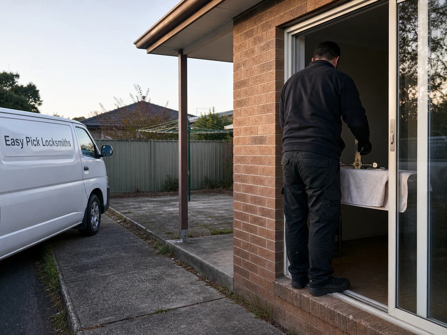 A locksmith working on a front door in Templestowe Lower VIC 3107, the Easy Pick Locksmiths van at the kerb
