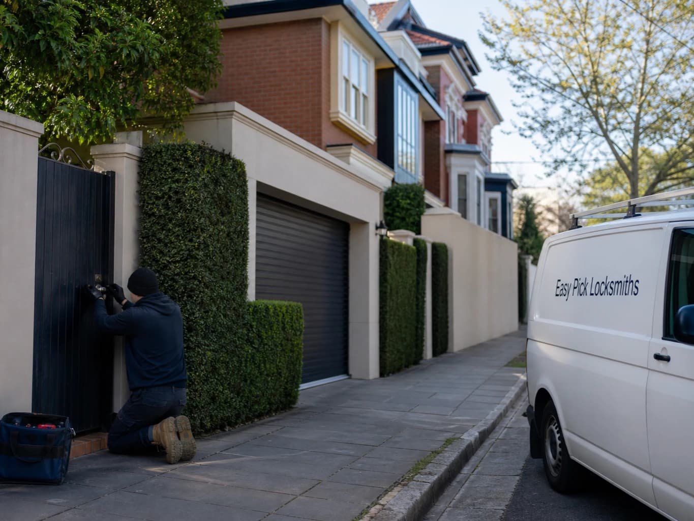 A locksmith working on a front door in Toorak VIC 3142, the Easy Pick Locksmiths van at the kerb
