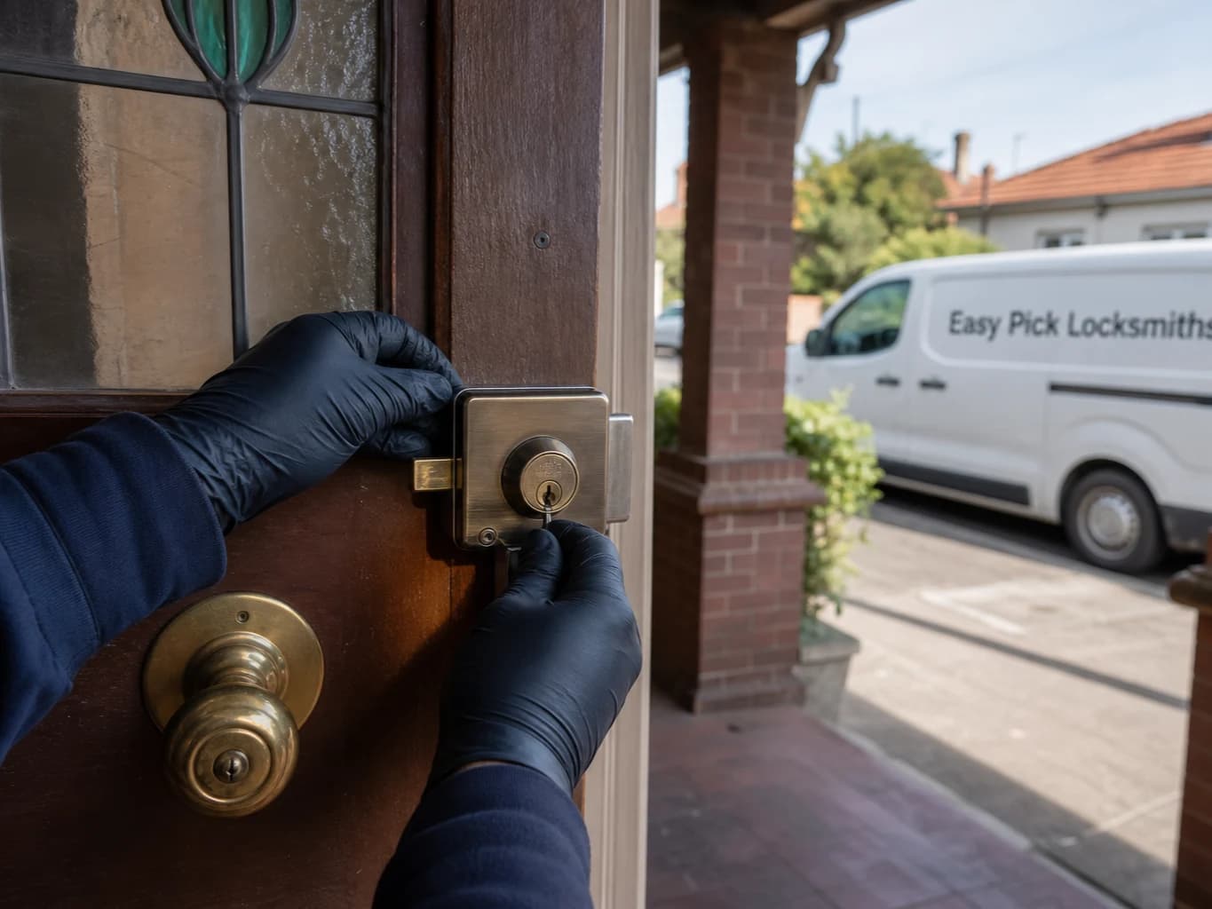 A locksmith working on a front door in West Footscray VIC 3012, the Easy Pick Locksmiths van at the kerb