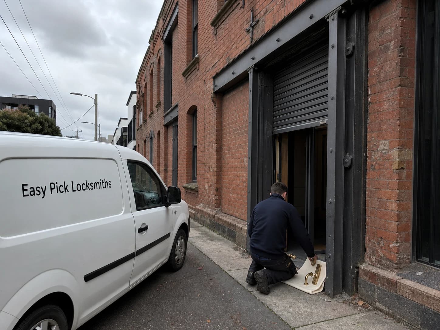 A locksmith working on a front door in West Melbourne VIC 3003, the Easy Pick Locksmiths van at the kerb