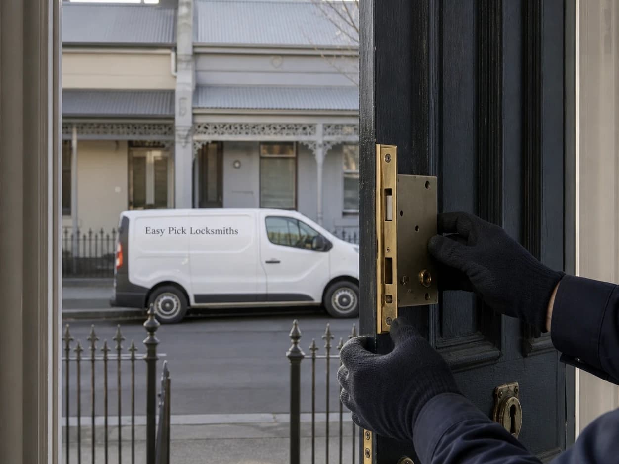A locksmith working on a front door in Williamstown VIC 3016, the Easy Pick Locksmiths van at the kerb