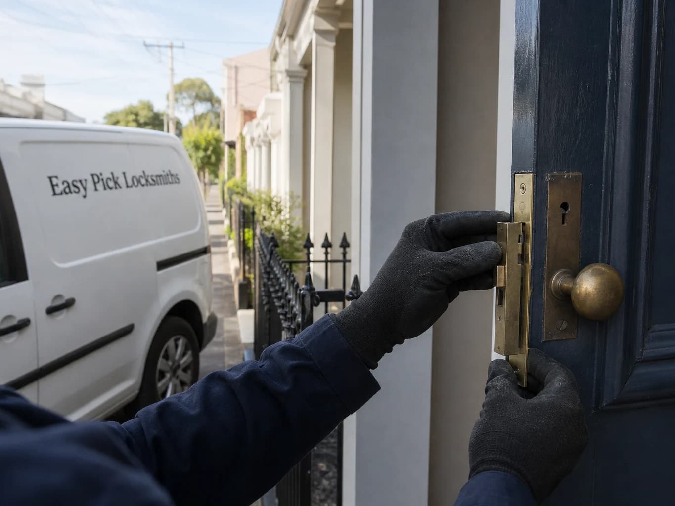 A locksmith working on a front door in Windsor VIC 3181, the Easy Pick Locksmiths van at the kerb