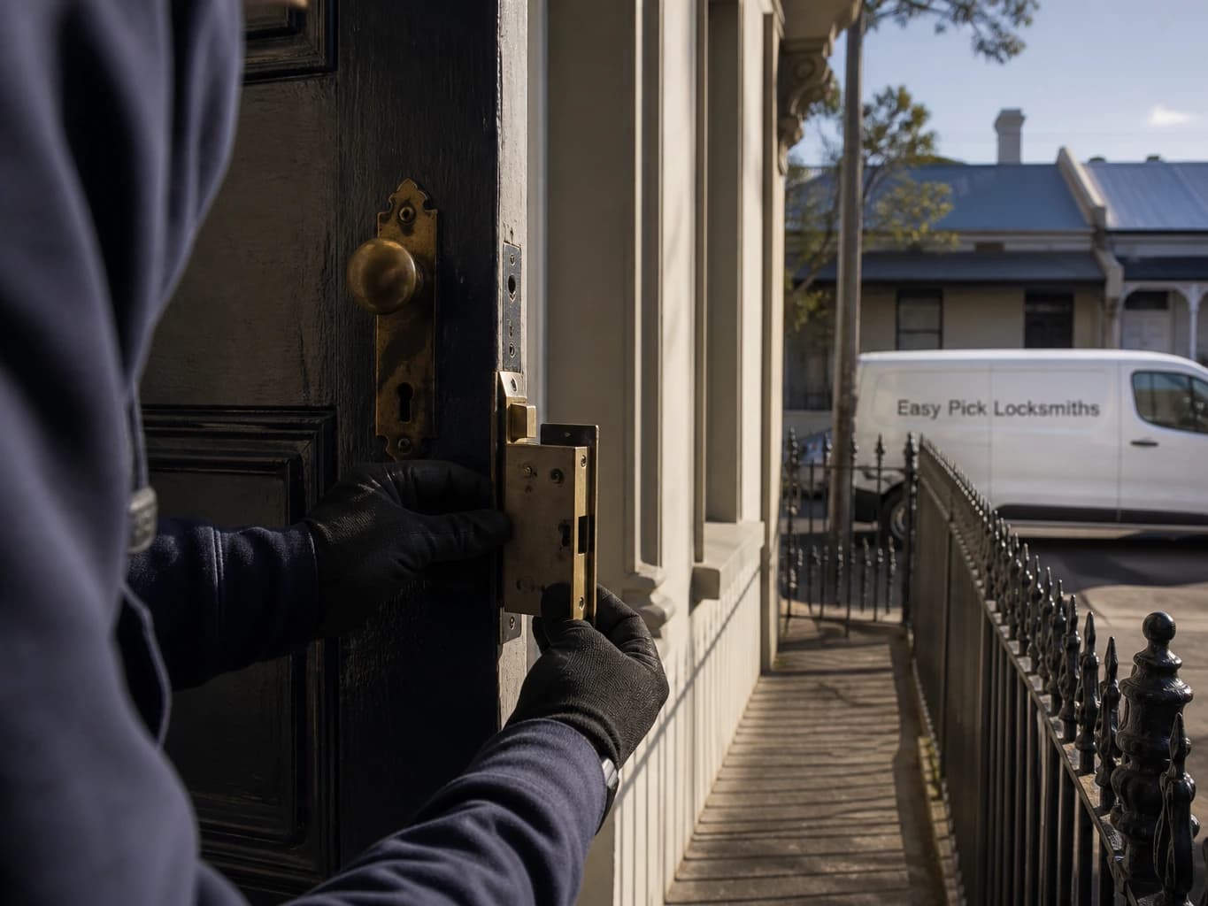 A locksmith working on a front door in Yarraville VIC 3013, the Easy Pick Locksmiths van at the kerb